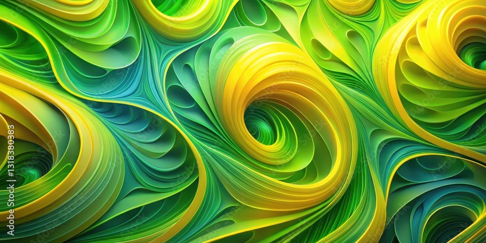 Poster Abstract Green and Yellow Swirling Pattern of Curved Lines and Shapes Creating a Hypnotic and Dreamy Visual Experience