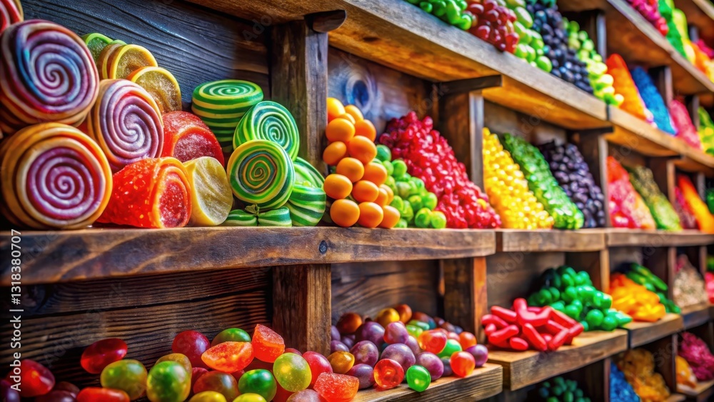 Poster a colorful display of assorted candies, arranged in a rustic wooden shelving system, showcasing a va