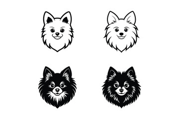 set of Black and White Pomeranian Dog Head Vector silhouette and line art