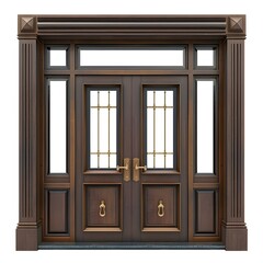 Elegant Wooden Double Door with Glass Panels and Decorative Trim