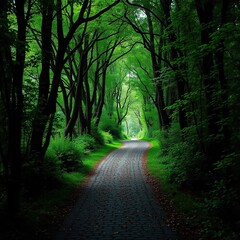 Obraz premium Dark forest pathway narrow winding cobblestone road, greenery, road