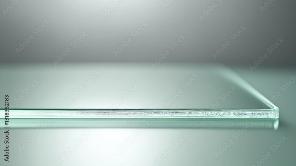 Poster a sleek glass sheet lies on a polished surface, showcasing its clear and smooth edges. the ambient l