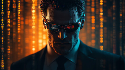 businessman with binary code and technology background