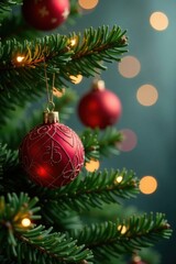 Ball-shaped decorations hanging from a Christmas tree branch amidst lush greenery and twinkling fairy lights, greenery, fairy lights, holiday season