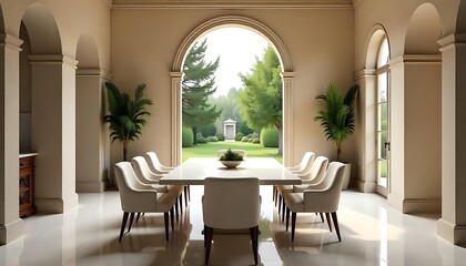 A formal dining room overlooks a beautiful lush green landscape