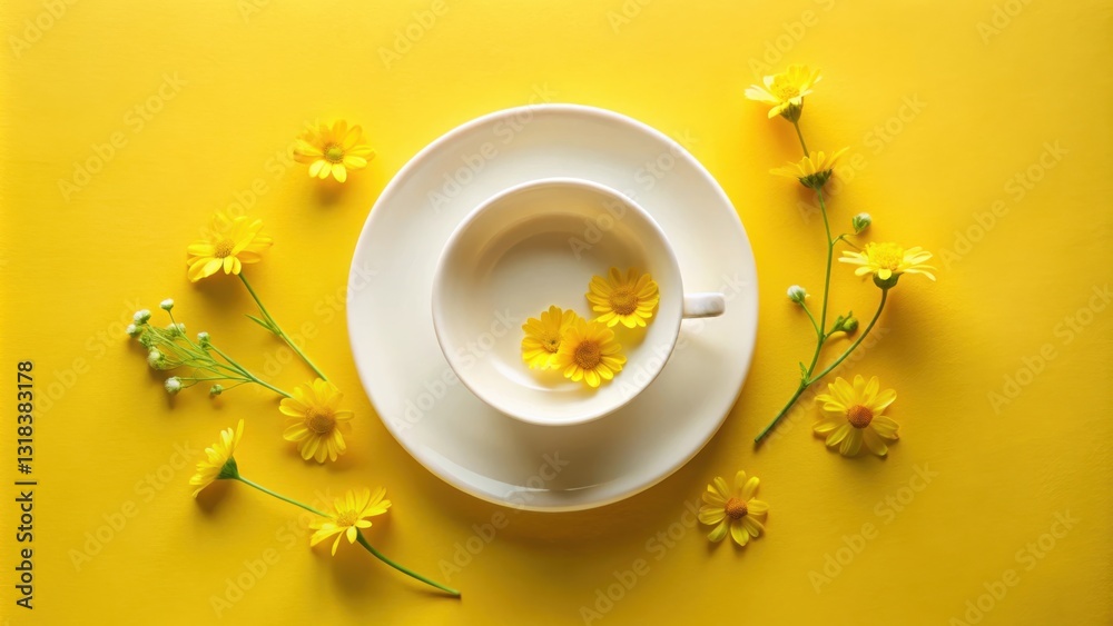 Poster a single white porcelain cup and saucer resting on a bright yellow backdrop, surrounded by delicate 
