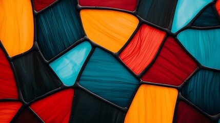 Stained glass artwork in dark blue and orange artistic display indoor gallery vibrant environment close-up view creative design