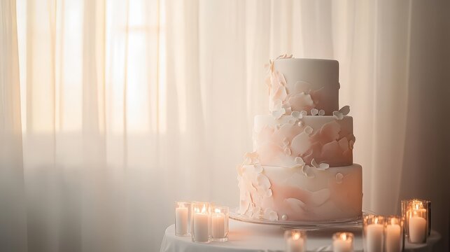 Charming three-tiered white wedding cake with a delicate light pink frosted finish, adorned with intricate sugary details and vibrant fresh floral accents, capturing the essence of elegance and romanc