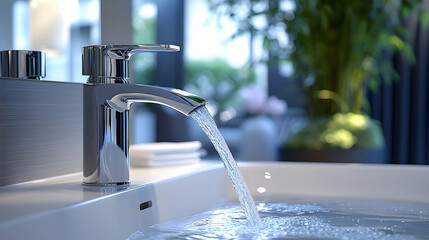 Modern Chrome Faucet With Flowing Water In Bathroom