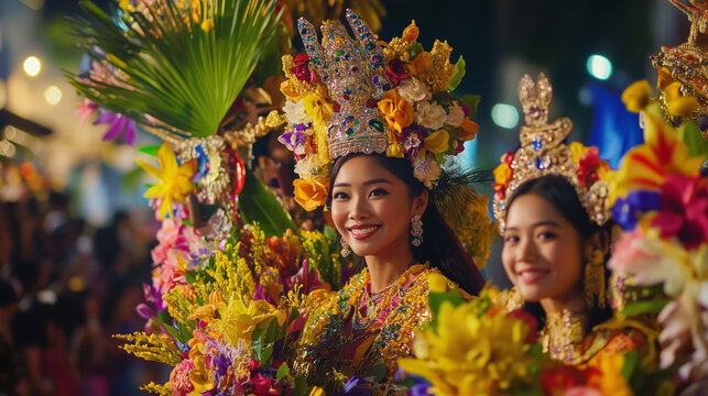 Santacruzan, Filipino religious procession, vibrant street parade, Reyna Elena and Emperor Constantine, traditional Filipino attire, colorful flower arches, ornate gowns and crowns