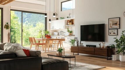 Fototapeta premium Living room interior with TV and couch in modern design.