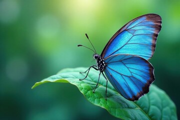 Obraz premium Blue watercolor butterfly resting on a leaf, butterfly, serene, foliage