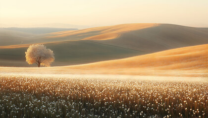 Frosted Field at Sunrise with Solitary Tree