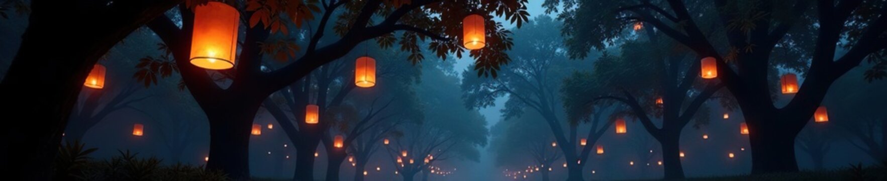 Delicate lanterns suspended in air amidst towering trees, fantastical, lanterns, eerie