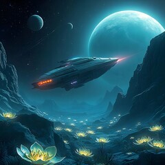 Obraz premium Futuristic Spaceship Flying Over Alien Landscape with Glowing Flowers and Planets in Night Sky.