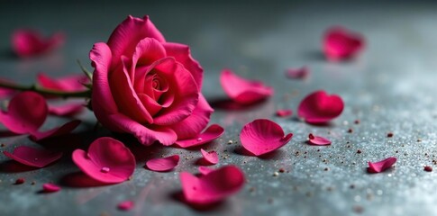 Faded rose petals spill across a dull silver ground, dead,