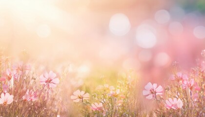 Obraz premium Colorful flower meadow with flowers in pastel hues with sunbeams in summer