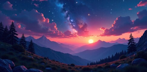 Naklejka premium Celestial landscape at dusk, dusk, landscape, sky