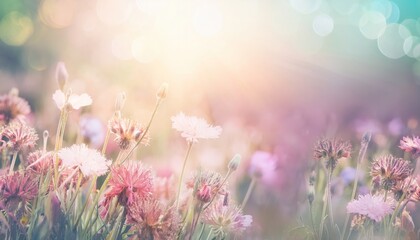 Fototapeta premium Colorful flower meadow with flowers in pastel hues with sunbeams in summer