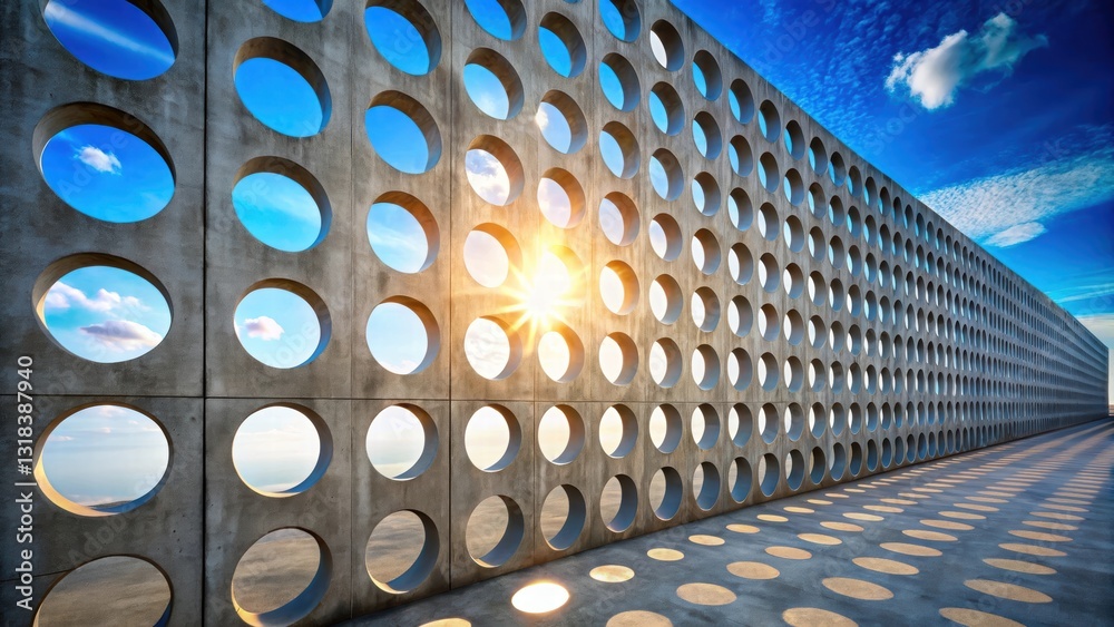 Poster a concrete wall with circular openings revealing a sunset sky and casting circular shadows on the gr