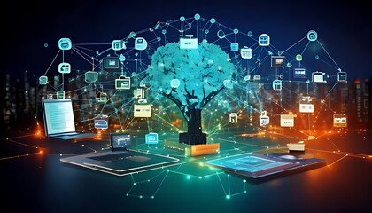 Digital transformation event showcasing technology integration urban setting infographic display nighttime future concepts