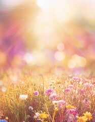 Fototapeta premium Colorful flower meadow with flowers in pastel hues with sunbeams in summer