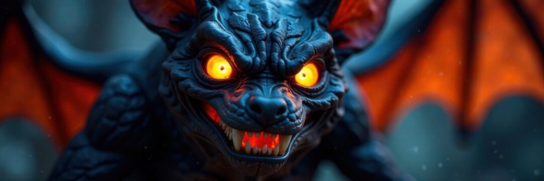 Close-up of Halloween bat's face with glowing eyes and sharp teeth, glowing eyes, spooky faces, sharp teeth