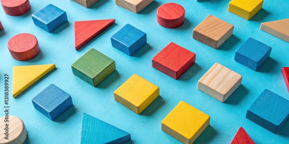 Aufkleber Geometric Wooden Blocks Arranged on a Blue Surface in a Repeating Pattern
