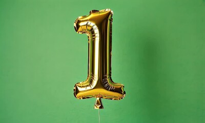 Helium-filled number one gold foil balloon rocking gently in the air against a bright green screen background for seamless keying - Powered by Adobe