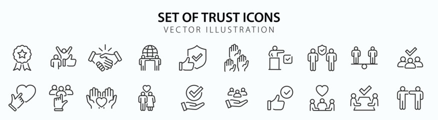 Trust web icons in line style. Integrity, confidence, reliability, credibility, empathy, friends collection. Vector illustration.