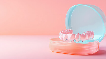 Showcase of clear dental aligners in stylish case contemporary setting photography calm environment close-up view oral health concept