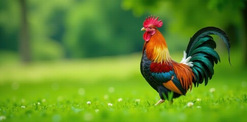 Fototapeta premium Colorful rooster standing proudly in a lush green field, cartoon, vibrant, illustration
