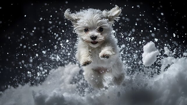 A playful puppy jumping into a pile of fresh snow, capturing the innocence and joy of winter moments