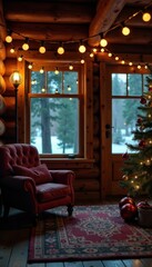 Cozy cabin ambiance with twinkling lights and garlands, crackling, decorations, twinkling