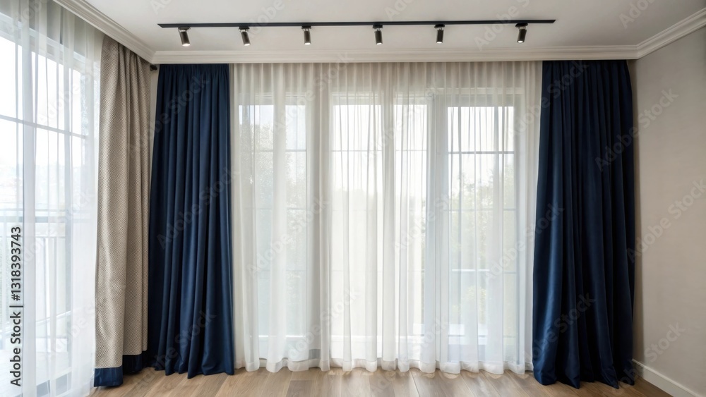 Aufkleber a large window with sheer white curtains and dark blue blackout curtains that provide privacy and bl