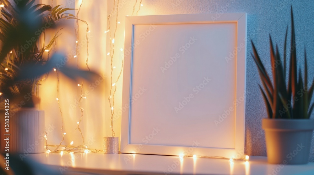 Aufkleber a cozy atmosphere is created as soft fairy lights twinkle around a blank frame, nestled among lush p