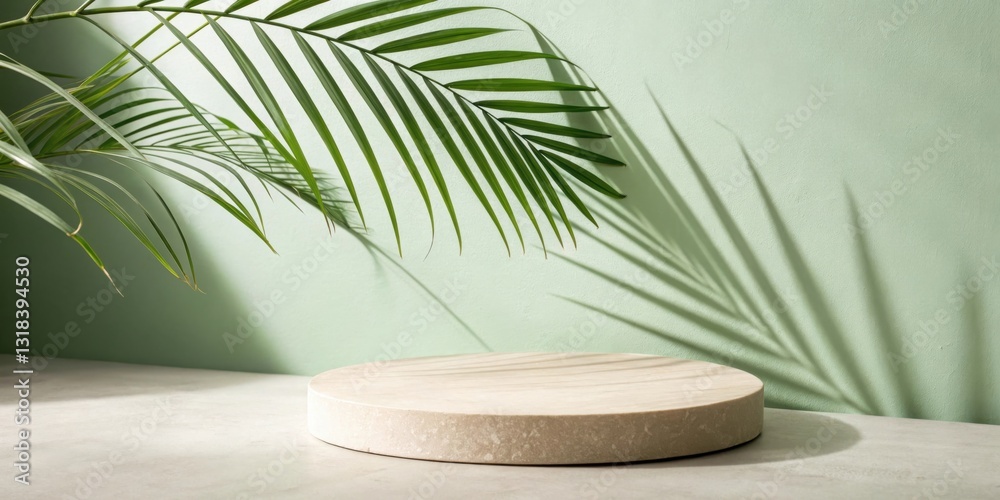 Poster a minimalist podium with a palm leaf and its shadow against a pale green backdrop