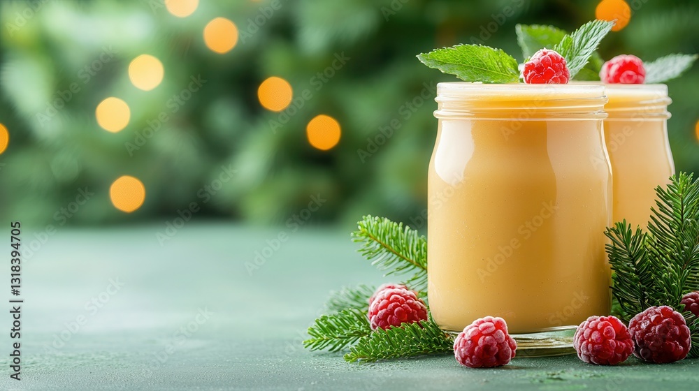 Poster refreshing yellow smoothie with raspberries and mint in a jar
