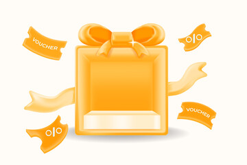 3d vector illustration, Golden gift box with vouchers and discount coupons. promotions, special offers, and holiday sales. gift rewards and savings deals