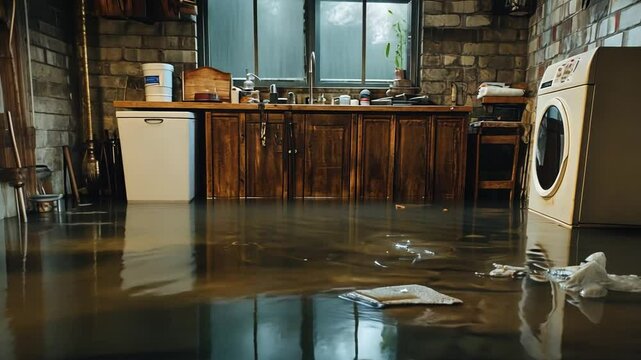 Flooded Basement Interior with Water Damage: A homeowner disaster and insurance nightmare scenario