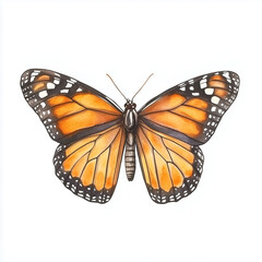 Fototapeta premium Illustration of the Monarch Butterfly in flight, soft watercolor tones, white background, detailed illustration, cartoonish.