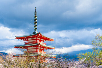 Fujiyoshida, Yamanashi, Japan - APR 17, 2024: Arakura Fuji Sengen Jinja Shrine. Mt Fuji with red pagoda in cherry blossom sakura in spring season .