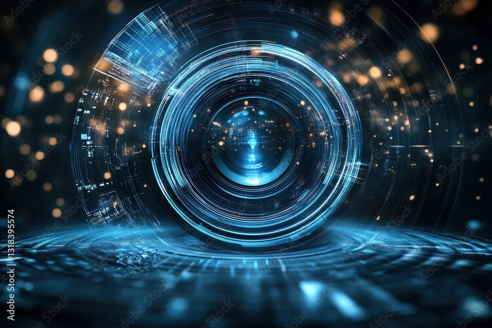 Poster abstract futuristic digital technology background with glowing blue circles and particles