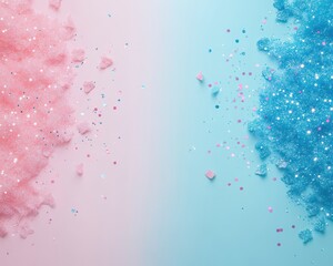 Gender reveal celebration background with pink and blue balloons in a dreamy pastel setting
