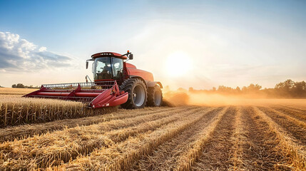 Obraz premium Red Tractor Harvesting Golden Wheat Field At Sunset
