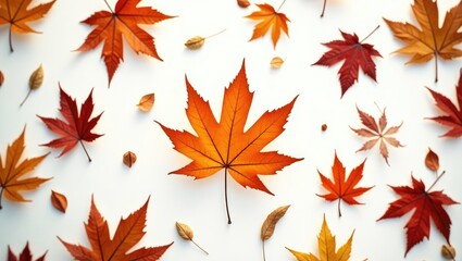 Fototapeta premium Autumn artistic arrangement. Dried leaves on a white backdrop. Fall theme. Flat lay, top view, with copy space.
