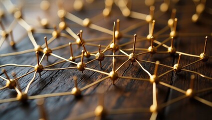 Connecting entities. Network, networking, social media, internet communication abstract. A smaller network linked to a larger network. Web of golden wires on rustic wood.