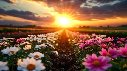 Fototapeta premium A vibrant sunset over a field of colorful flowers, with bright sun rays illuminating the scene. Concept Vibrant Sunset, Colorful Flowers, Sun Rays, Scenic Landscape, Nature Photography