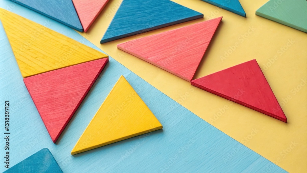 Poster A colorful arrangement of wooden triangles, positioned in a dynamic geometric composition, creates a visually stimulating abstract pattern on a surface of contrasting hues.