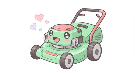 Fototapeta premium Cute animated lawn mower with a happy face and hearts, symbolizing joy in gardening and outdoor care - lawn mower cartoon